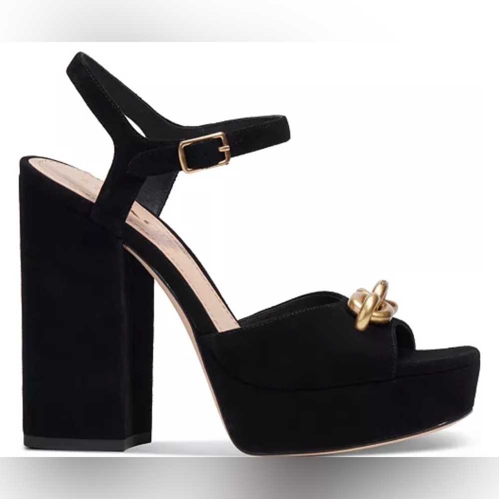 Coach Black Platform Heels with Gold Accent - Picture 2 of 10
